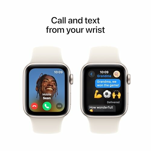 Two smartwatches displaying call and text features.