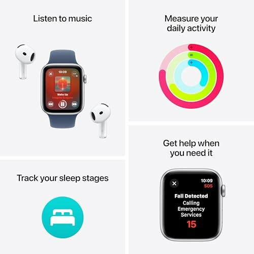 Smartwatch showing music, activity tracking, sleep monitoring, and emergency services features.