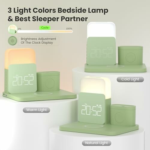 Bedside lamp with three light colors and clock display.