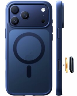 Blue iPhone case with MagSafe compatibility, camera cutout, and side view.