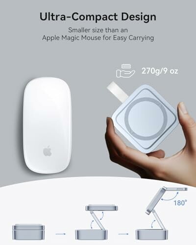 Compact wireless charger compared to Apple Magic Mouse.