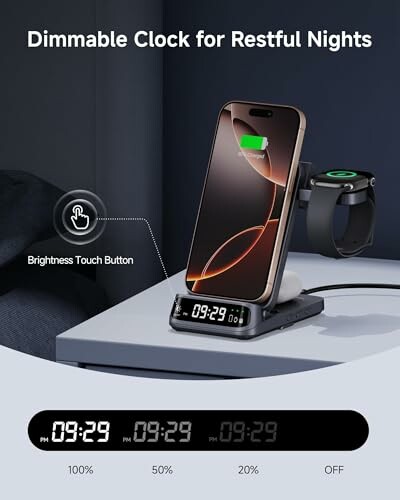 Dimmable clock with phone and smartwatch charging features.