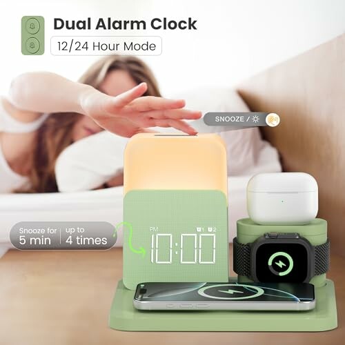 Dual alarm clock with wireless charging for phone and smartwatch on a bedside table.