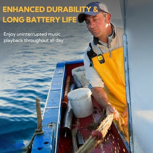 Fisherman on a boat demonstrating enhanced durability and long battery life.