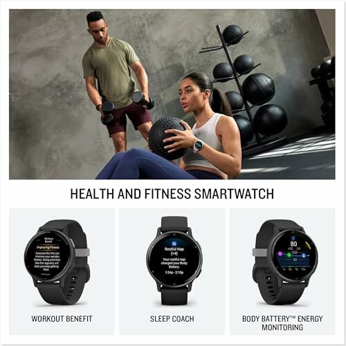 Two people exercising with a focus on a smartwatch, and three smartwatch features highlighted.