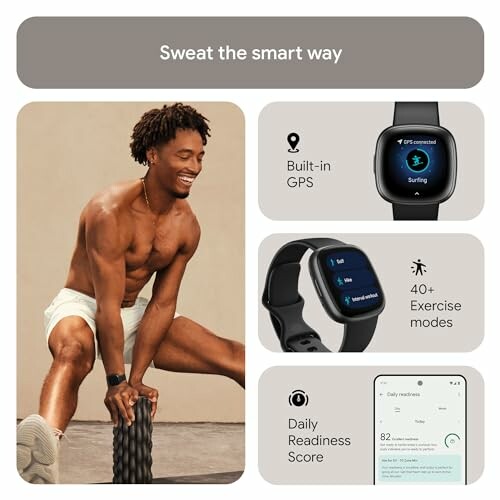 Man exercising with fitness tracker features highlighted.