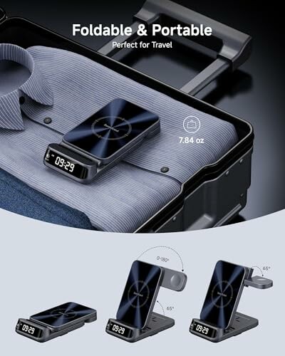 Foldable portable alarm clock on suitcase with adjustable angles.