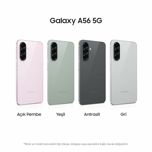 Galaxy A56 5G smartphones in four colors: pink, green, anthracite, and gray.