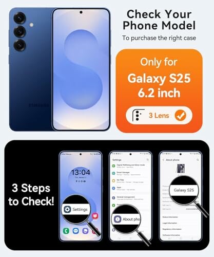 Instructions to check phone model for Galaxy S25 case compatibility.
