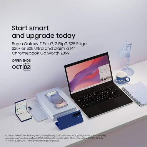 Samsung Galaxy upgrade offer with laptops, phones, and smart devices displayed