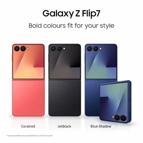 Samsung Galaxy Z Flip7 in Coralred, Jetblack, and Blue Shadow colors, highlighting the device's unique design and color options.