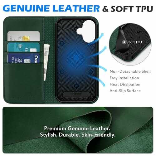 Phone case with genuine leather and soft TPU, featuring card slots and non-detachable shell.
