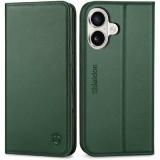 Green leather phone case with card slots and camera cutout.