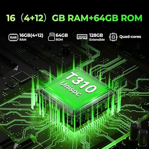 Green circuit board with T310 processor, 16GB RAM, 64GB ROM, 128GB extensible, quad-core icons.