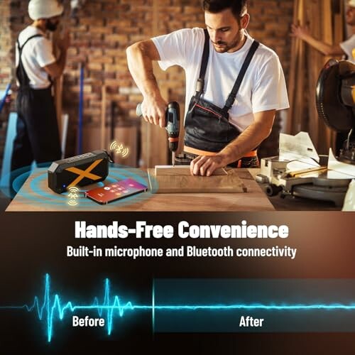 Man using power drill with Bluetooth speaker and illustrated sound wave showing hands-free convenience