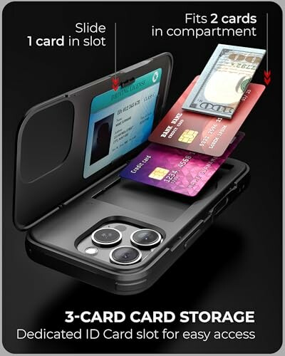 iPhone case with card holder showing 3-card storage capacity.