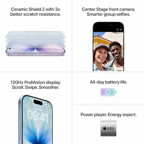 iPhone features: Ceramic Shield, Center Stage camera, 120Hz ProMotion, all-day battery, A19 chip.