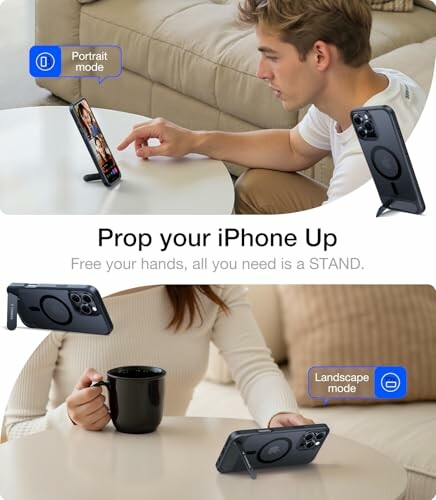 Man and woman using iPhone stands in portrait and landscape modes.