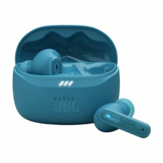 Blue JBL wireless earbuds with charging case.