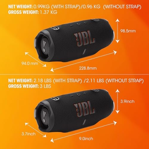 JBL speaker with dimensions and weight details.