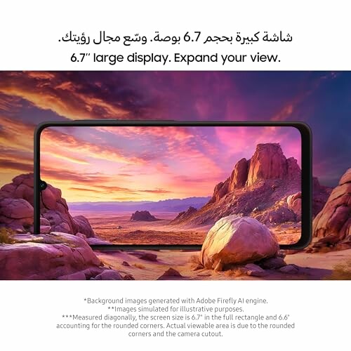 Smartphone with 6.7-inch display showcasing a scenic landscape.