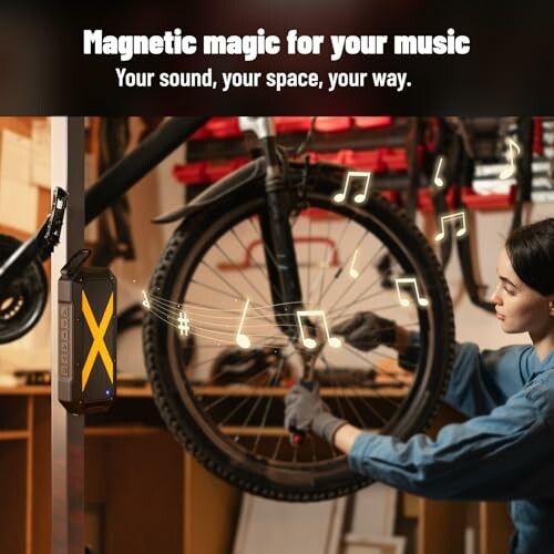 Person working on bike with music device and notes