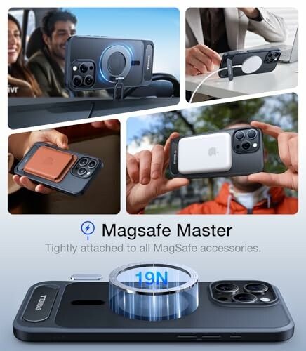 Collage of MagSafe accessories with a phone case.