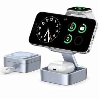 Multi-device charging station with smartphone, watch, and earbuds.