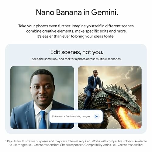 Promotional image for Nano Banana in Gemini featuring editing capabilities with a person on a dragon.