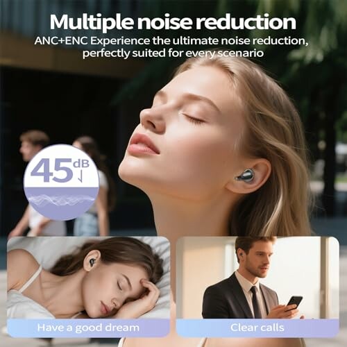 Woman using noise-cancelling earbuds with promotional text.