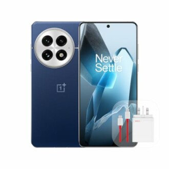Blue OnePlus smartphone with accessories