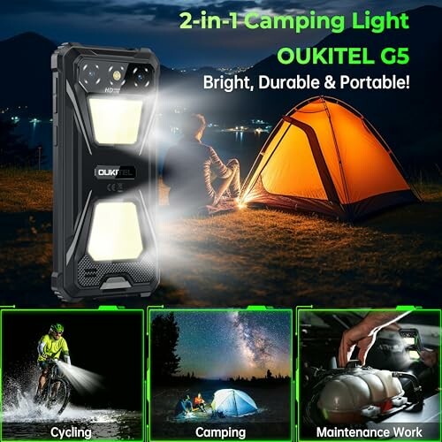OUKITEL G5 camping light with tent scene and usage examples.