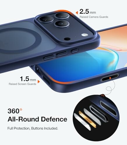 Phone case with 360-degree protection and camera guards.