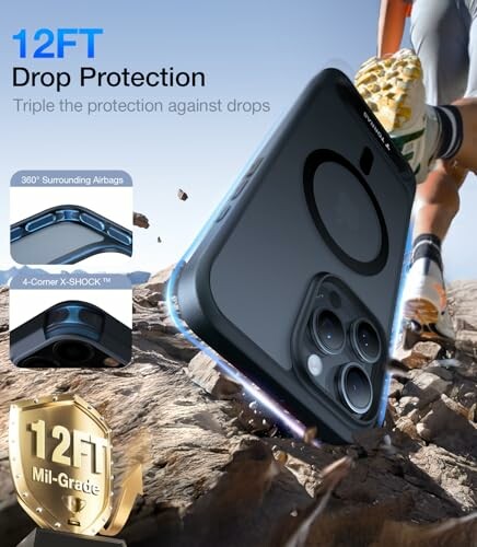 Phone case with 12ft drop protection features.