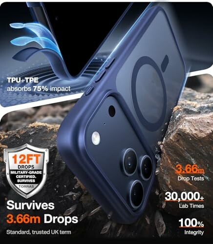 Phone case demonstrating 12ft drop protection on rocks.