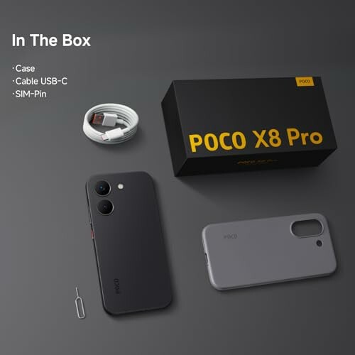 POCO X8 Pro unboxing with phone, case, USB-C cable, and SIM pin.