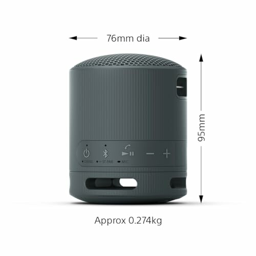 Compact cylindrical Bluetooth speaker with dimensions and weight labeled.