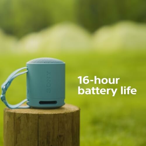 Blue portable Bluetooth speaker with 16-hour battery life on a wooden stump outdoors.