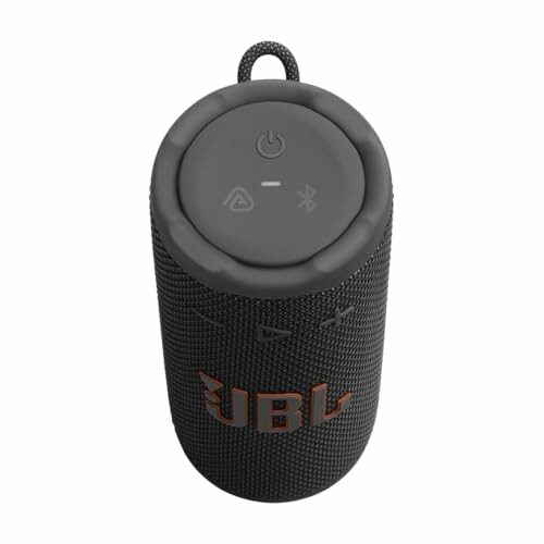 Black cylindrical portable Bluetooth speaker with control buttons.