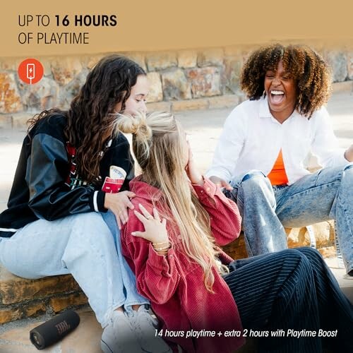 Three people enjoying music outdoors with a portable speaker, promoting up to 16 hours of playtime.