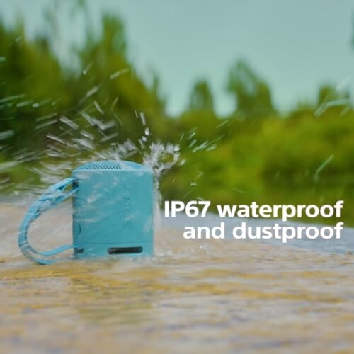 Blue portable speaker in water, IP67 waterproof and dustproof.