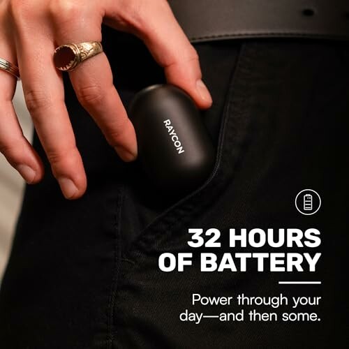 Hand holding Raycon earbuds case with 32 hours battery text.
