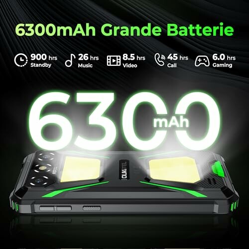 Rugged smartphone with 6300mAh battery and usage times for standby, music, video, call, and gaming.