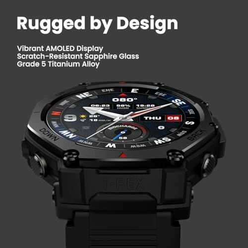 Rugged smartwatch with AMOLED display and titanium alloy.