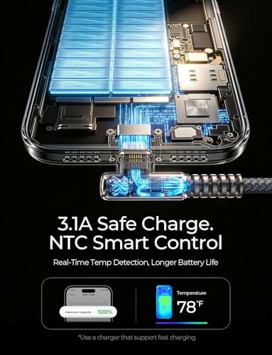 Smartphone charging with 3.1A safe charge and NTC smart control for temperature detection.