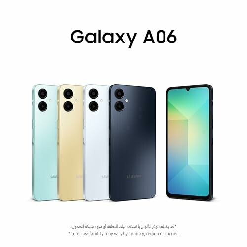 Samsung Galaxy A06 smartphones in four colors with screen display.