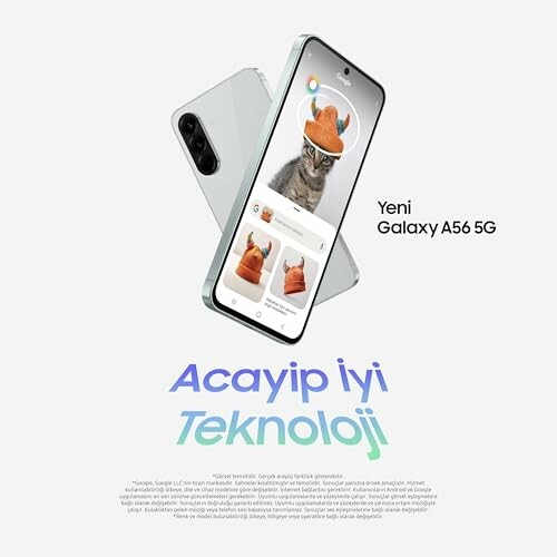 Samsung Galaxy A56 5G phone with cat photo on screen.