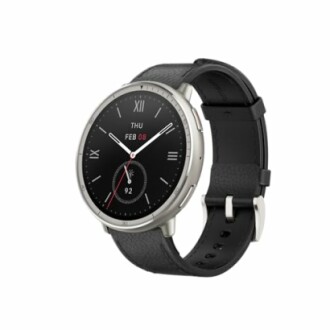 Sleek smartwatch with black leather strap and digital display