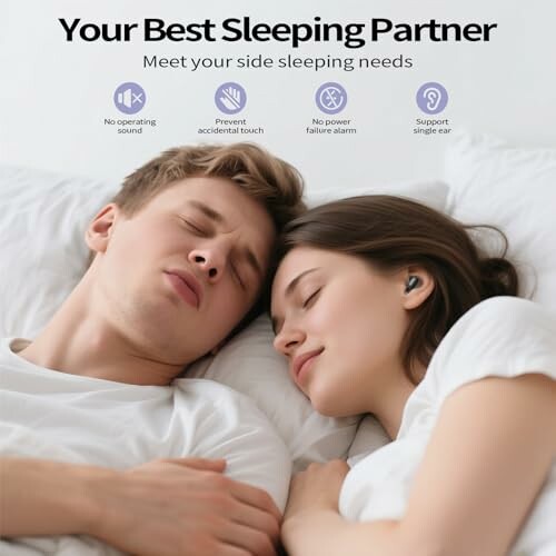 Couple sleeping with wireless earbuds, promoting side-sleeping features.