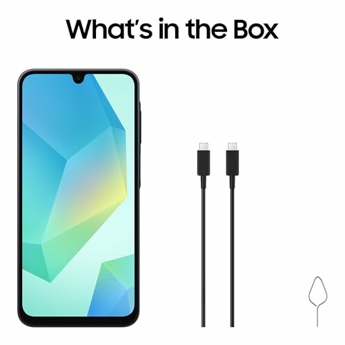 Smartphone with USB cable and SIM ejector tool.